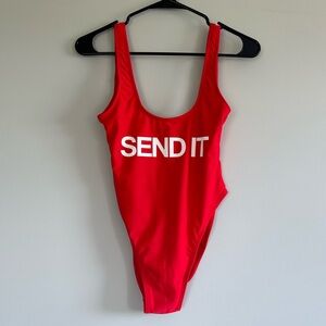 Rave Suit “Send It” One Piece Swim Suit in Color Red Size Small